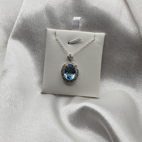 Luxury Blue Topaz Two Tone Sterling Silver Pendant Necklace